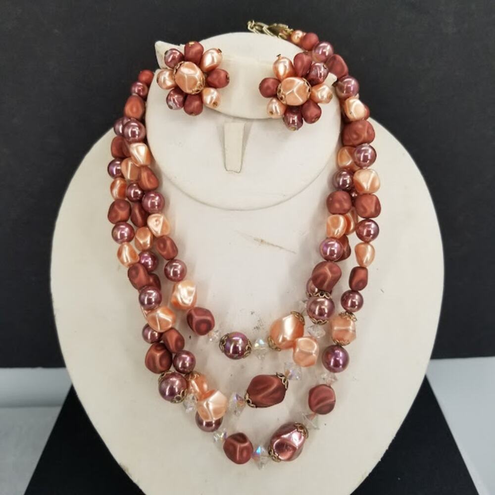 Vintage 3 Strand Necklace Jewelry and clip on earrings Necklace Beads